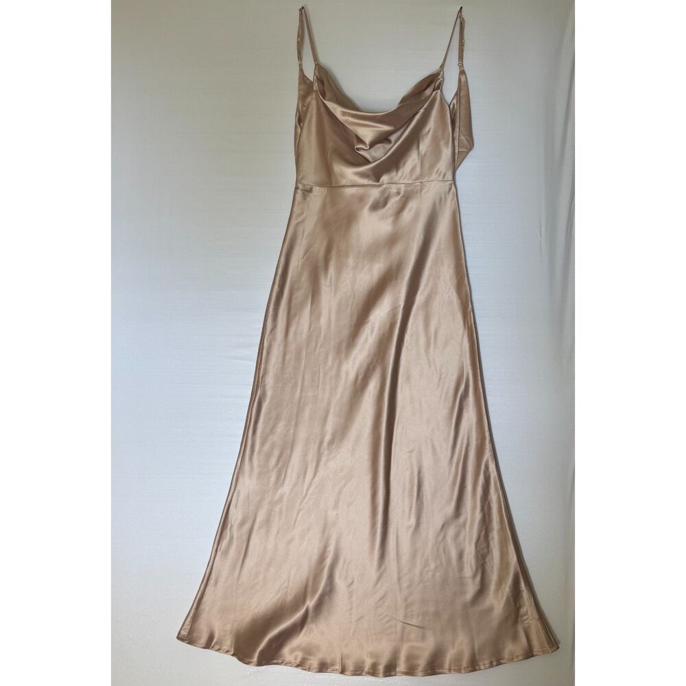 Hello Molly Champagne Satin Cowl Neck Maxi Slip Dress | Size Medium/US 6